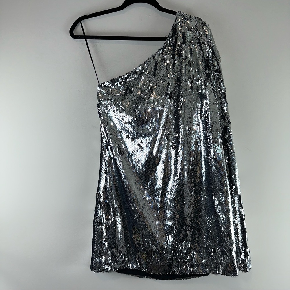 Reiss Eva One Shoulder Sequin Party Cocktail Dress in Silver Size 10